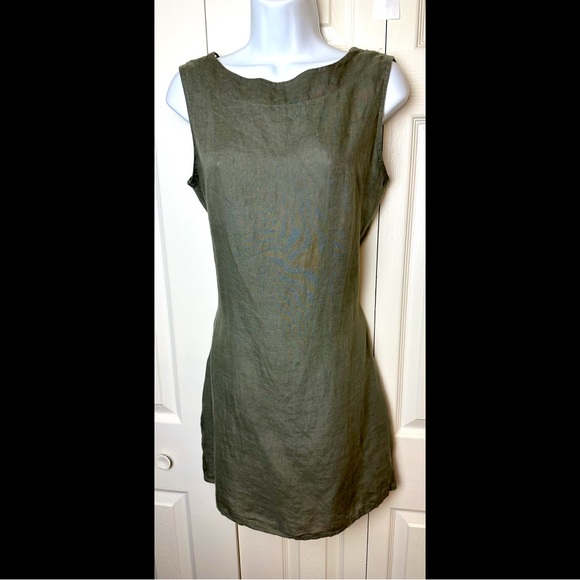 BELLAMBRA 100% Linen Dress Olive Green Made in Italy Crochet Back Sheath Shift - Picture 1 of 10